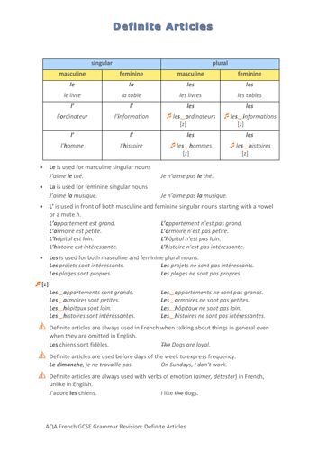 French Grammar Articles 2: Definite Articles Revision/Self Study Guide 9 (Ex. Sep.)