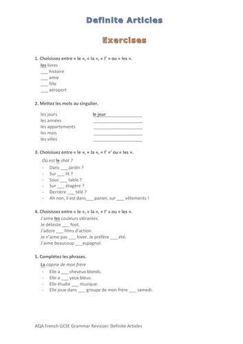 French Grammar Articles 2: Definite Articles Exercises (Self Study Guide separate)