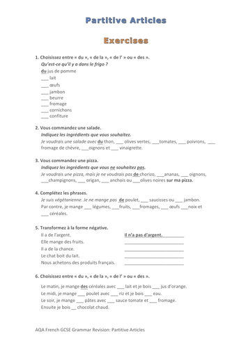 French Grammar Articles 3: Partitive Articles Exercises (Self  Study Guide sep.)