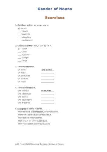 French Grammar Nouns 1: Gender of Nouns Exercise (Self Study Guide sep.)