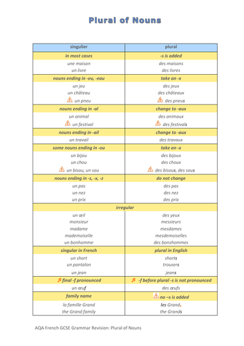 French Grammar Nouns 2: Plural of Nouns Revision/Self Study Guide (ex. sep)