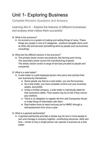 BTEC Business Unit 1 Revision Questions