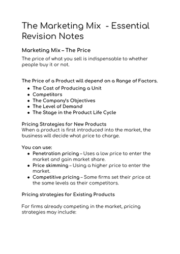 BTEC Business Marketing Mix  Revision