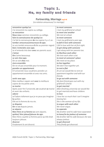 French Topic 5: Partnership, MarriageRevision/Self Study Guide (mp3 sep.)