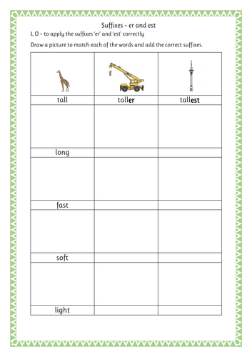 Differentiated suffix worksheets - er and est | Teaching Resources