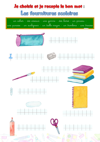 Handwriting (French): School supplies (les fournitures scolaires)