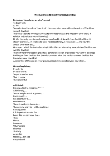 Essay writing words/phrases