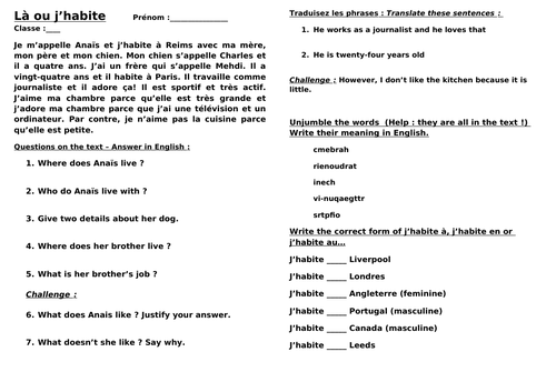 Là ou j’habite / Where I live worksheet KS3 French year 7 / year 8