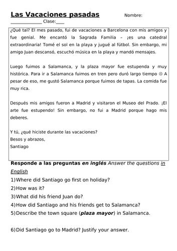 Las vacaciones pasadas / Past holidays worksheet