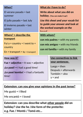 Las vacaciones pasadas writing frame and support worksheet