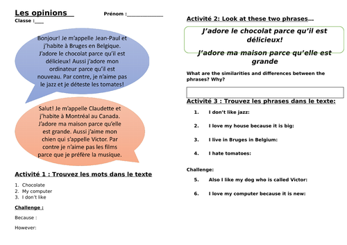 Les Opinions - Inductive grammar worksheet