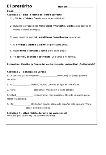 El pretérito / Preterit tense practice worksheet