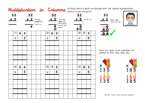 Column Multiplication (Year 3) Activity Worksheet