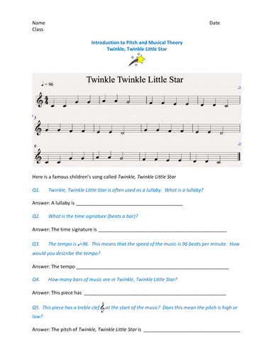 Fun music theory activity based on the lullaby - Twinkle, Twinkle Little Star