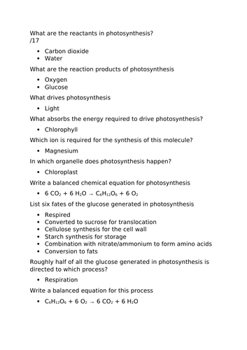 Introductory Photosynthesis questions