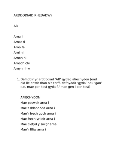 Cymraeg Ail IAITH Safon Uwch LESSON ON THE PREPOSITION 'AR' arddodiaid rhedadwy