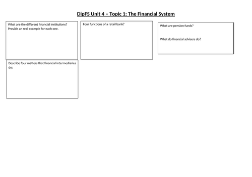 DipFS Unit 4 Topic 1 Task Sheet - The Financial System