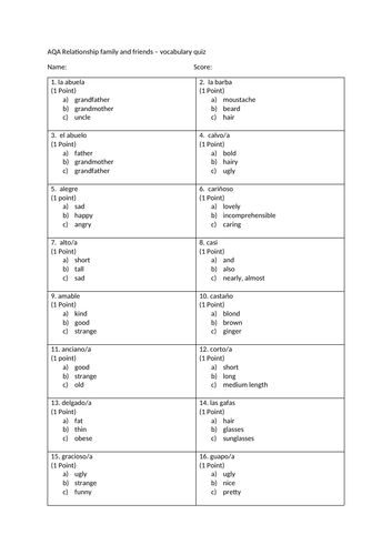 AQA Spanish Identity and Culture multiple choice  vocabulary quiz  100 questions