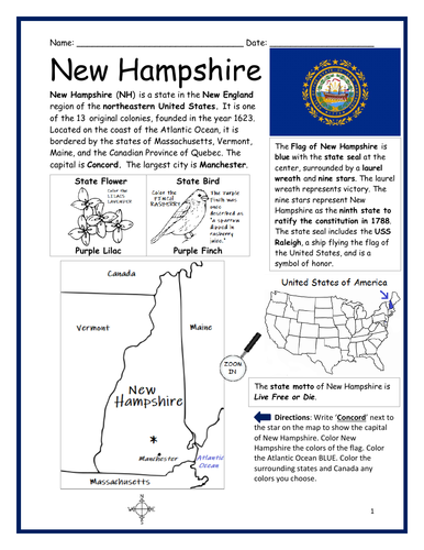 NEW HAMPSHIRE - Introductory Geography Worksheet