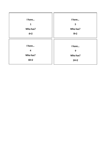 Multiplication game- I have, who has (division version)
