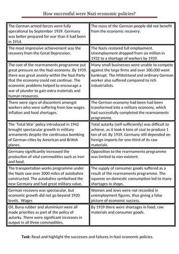 How successful was Nazi economic policy - card sort