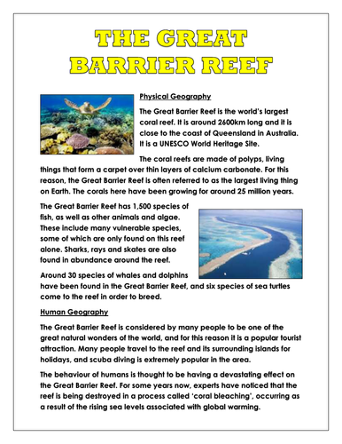 Great Barrier Reef Information Sheet (Physical and Human Geography)