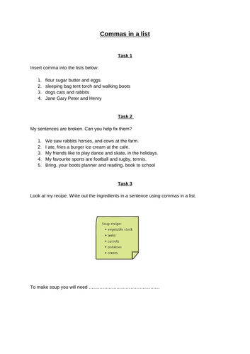 Commas in a list - Year 2 grammar lesson and resource