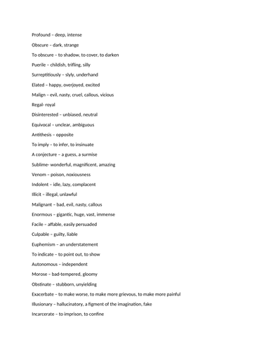 GCSE ENGLISH LANGUAGE vocabulary with synonyms revision sheet proofreading and editing