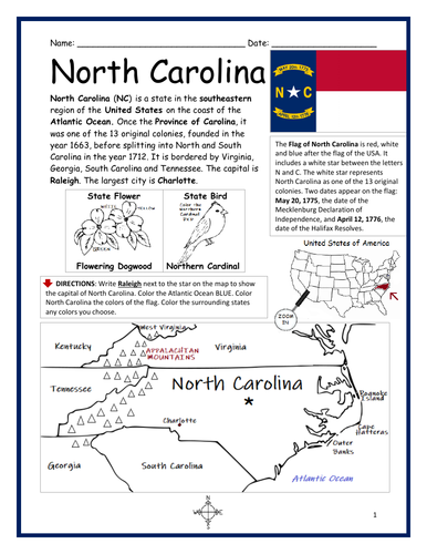 NORTH CAROLINA - Introductory Geography Worksheet