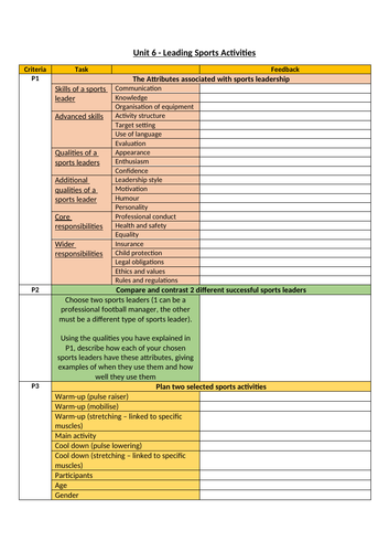 BTEC Sport - Unit 6 - Student checklist
