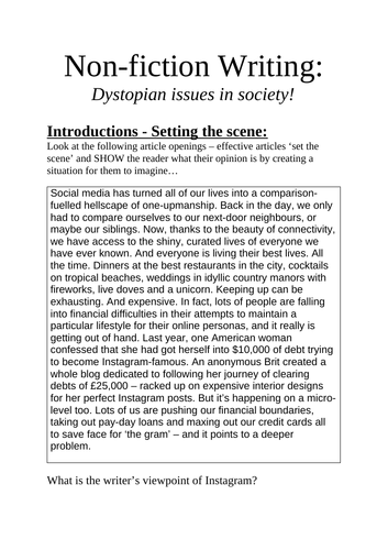 KS3 upper, non-fiction writing booklet: Dystopian issues in society.