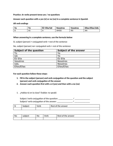 Ar verbs present tense question answer practice