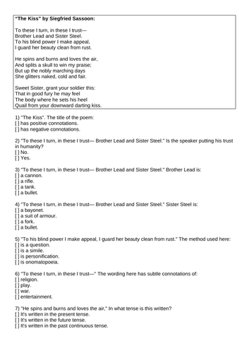 War Poetry Siegfried Sassoon "The Kiss" Multi-choice quiz HW Starter 22 questions