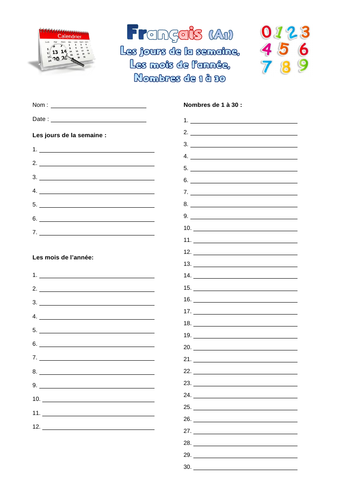 (French) Vocabulary: Days, Months, Numbers (Jours, mois et nombres de 1 à 30)