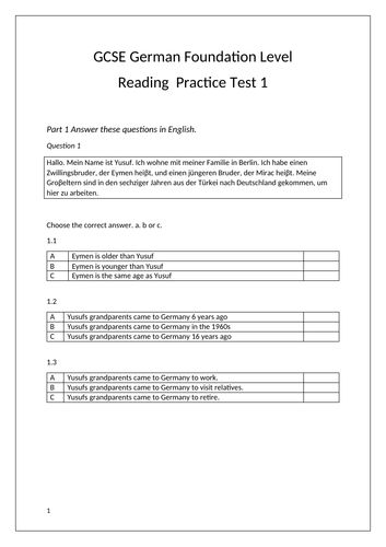 GCSE German  Foundation Reading Practice Exam Style Paper.