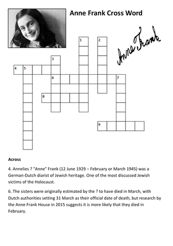 Anne Frank Crossword Teaching Resources