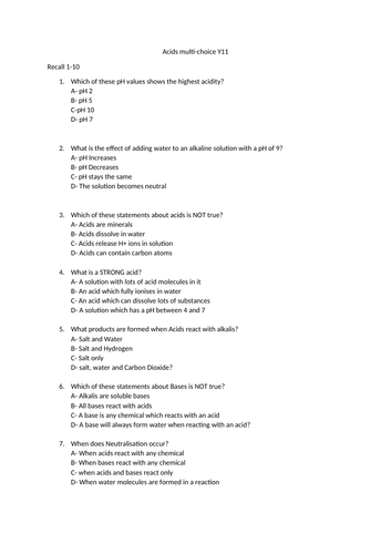 Diagnostic multiple choice- Acids AQA combined science
