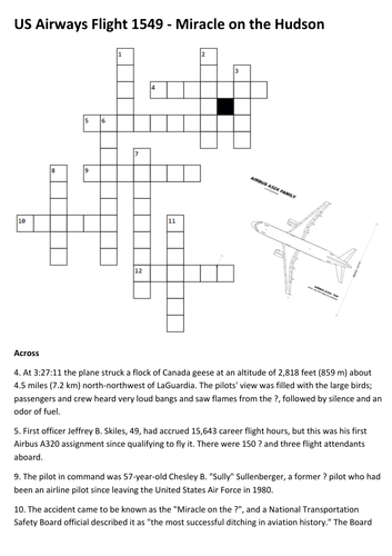 US Airways Flight 1549 Miracle On The Hudson Crossword Teaching 