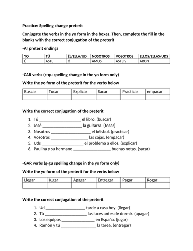 Preterit spelling change worksheet