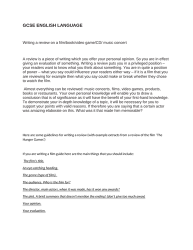 GCSE ENGLISH LANGUAGE writing a review - a guide with example sentences