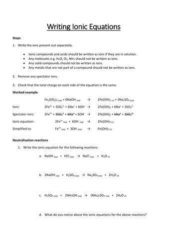 Ionic Equations Worksheet