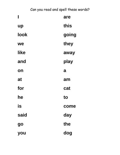 Early literacy CLL high frequency word list Reception class EYFS