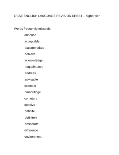 GCSE ENGLISH LANGUAGE higher tier revision sheet, words commonly misspelt, synonyms, contractions