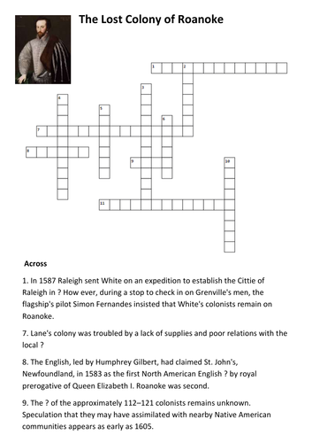 The Lost Colony of Roanoke Crossword Teaching Resources