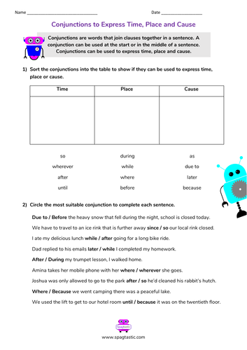  Conjunctions To Express Time Place And Cause Teaching Resources