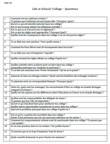 Unit10-Life at School/College-Conversation Questions-GCSE French