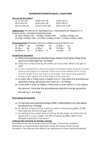 Gravitational potential energy equation scaffolded worksheet differentiated