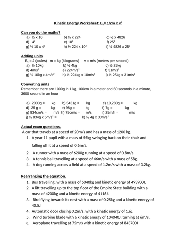 Kinetic energy equation scaffolded worksheet differentiated