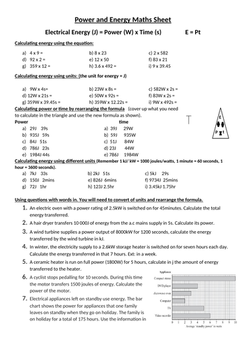 Power and energy equation scaffolded worksheet differentiated