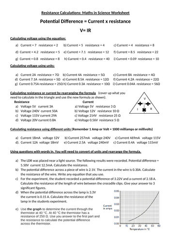 V=IR resistance voltage current equation scaffolded worksheet differentiated